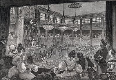 Louis-Philippe I. wird am 9. August 1830 vor der Abgeordnetenkammer als König vereidigt - Revolution von 1830: „König Louis Philippe I. (1773-1850) schwört, die Charta von 1830 in Anwesenheit der versammelten Kammern im provisorischen Saal des Palais zu wa von French School