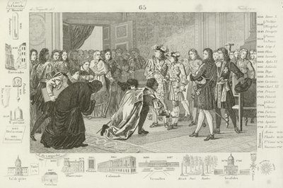 Ludwig XIV. stellt seinen Enkel Philipp V. den spanischen Gesandten als ihren neuen König vor, 1700 von French School