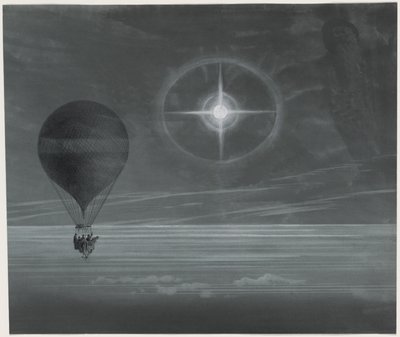 Mondhalo und leuchtendes Kreuz während des Langstreckenflugs des Ballons Zénith von Paris nach Bordeaux im März beobachtet von French School