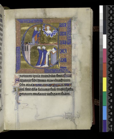 MS 300 f.107r, David betet zu Gott (oben), zwei Kleriker (unten), aus dem Psalter und Stundenbuch der Isabella von Frankreich, Paris, ca. 1265-70 von French School