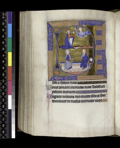 David betet zu Gott (oben); Gott mit Kugel und Christus mit Buch auf Bank sitzend (unten), aus dem Psalter und Stundenbuch der Isabella von Frankreich, Paris, ca. 1265-70 von French School