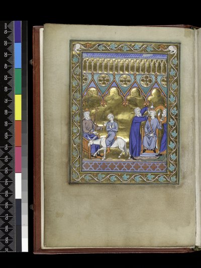 David, thronend, sendet Salomo zu Zadok und Nathan, die ihn krönen und salben, aus dem Psalter und Stundenbuch der Isabella von Frankreich, Paris, um 1265-70 von French School