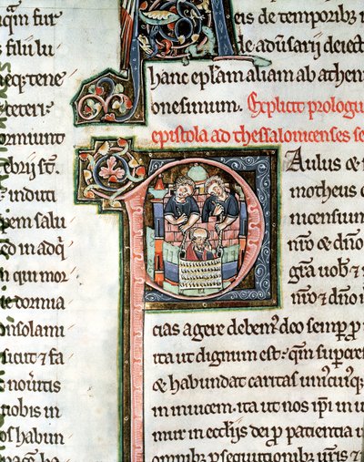 MS 3 Fol. 291v Die Flucht des Heiligen Paulus aus Damaskus, illuminierter Initialbuchstabe P, 13. Jahrhundert, aus der Avranches-Bibel von French School