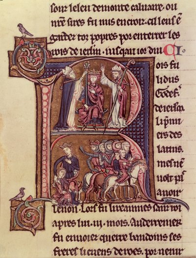 Historisierte Initiale R, die König Balduin I. von Flandern (1171-1205) zeigt, wie er 1204 zum lateinischen Kaiser gekrönt wird und seine Großzügigkeit gegenüber einer türkischen Frau, die ihr Kind wegschickt von French School