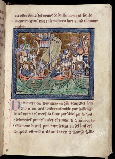 Seite mit Text und Beleuchtung einer Seeschlacht, aus De Re Militari, um 1270 von French School