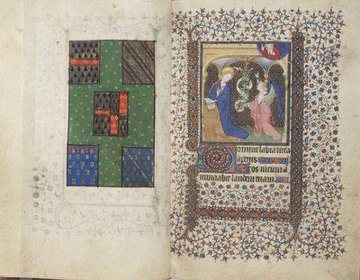 MS Widener 4, ff.26v-27r, Wappen und die Verkündigung, aus einem Stundenbuch, Gebrauch von Rennes, ca. 1405 von French School