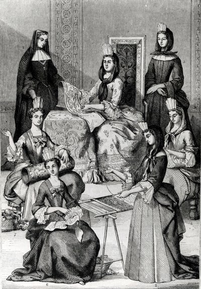 Madame de Maintenon mit ihren Hofdamen von French School