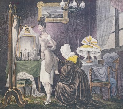 Dienstmädchen hilft ihrer Herrin beim Anziehen von Polstern für Brüste und Gesäß, ca. 1830 von French School