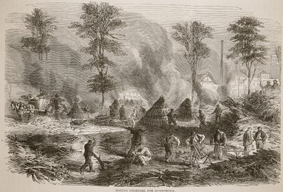 Holzkohleherstellung für Schießpulver, Illustration aus Cassells Geschichte des Krieges zwischen Frankreich und Deutschland, 1870-1871 von French School