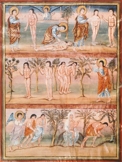 Manuskriptseite mit Episoden aus dem Leben von Adam und Eva: Erschaffung von Adam und Eva. Die Erbsünde. Vertreibung aus dem Paradies von French School