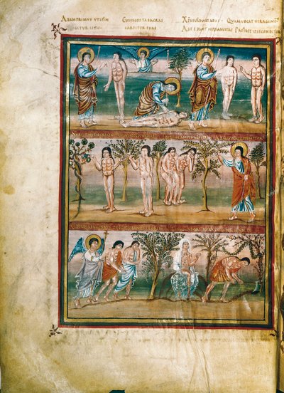 Manuskriptseite mit Episoden aus dem Leben von Adam und Eva: Erschaffung von Adam und Eva. Die Erbsünde. Vertreibung aus dem Paradies (Miniatur) von French School