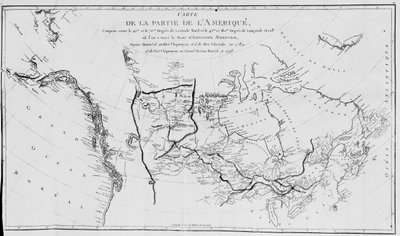 Karte von Nordamerika, die die Expeditionen von Sir Alexander Mackenzie 1789 und 1798 zum Arktischen Ozean darstellt von French School