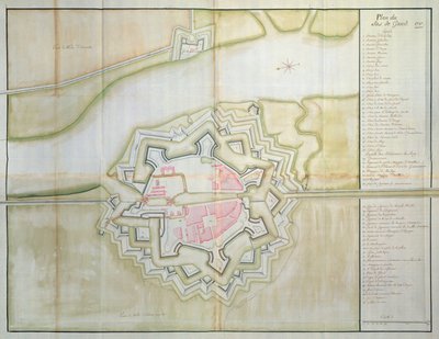 Karte von Sas van Gent, Niederlande, 1747 (Feder, Tinte & Aquarell auf Papier) von French School