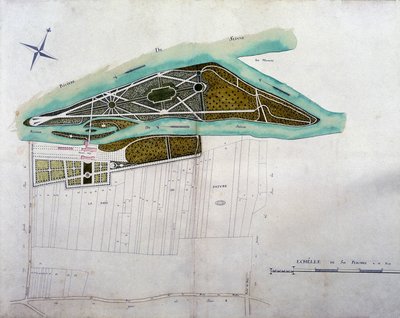 Karte des Gartens von Moulin Joly. Platte des Atlas der Pläne des Gebiets von Colombes (1780), aufbewahrt in den Nationalarchiven. von French School