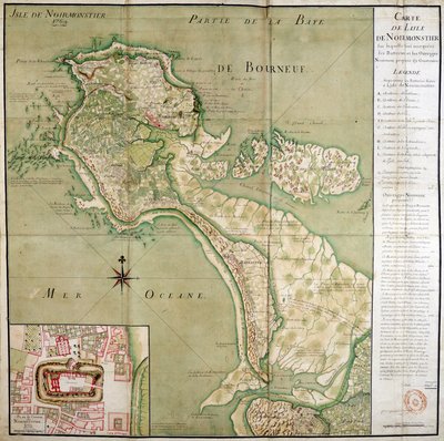 Karte der Insel Noirmoutier begleitet von einer Karte des Schlosses, erstellt 1769. von French School