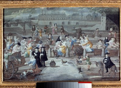 Markt für Geflügel und Brot, Quai des Grands Augustins in Paris im Jahr 1660. Anonymes französisches Gemälde von French School