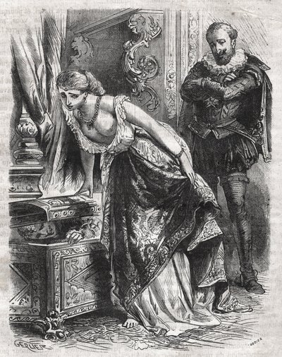 Marguerite de Valois (1553-1615), bekannt als Königin Margot, versteckt ihren Liebhaber Julien de Leris in einem Safe. Ihr Ehemann, König Heinrich IV. von Frankreich (1553-1610), beobachtet die Szene amüsiert. 16. Jahrhundert. Gravur von 1871 in „Histoire  von French School
