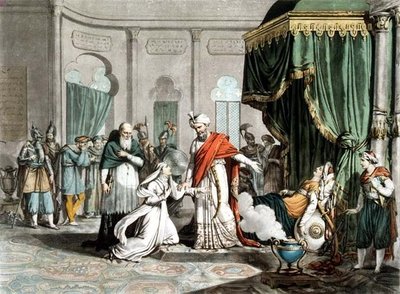 Mathilda bittet Saladin um den Körper von Malek-Adhel, graviert von Pierre Michel Alix (1762-1817) von French School