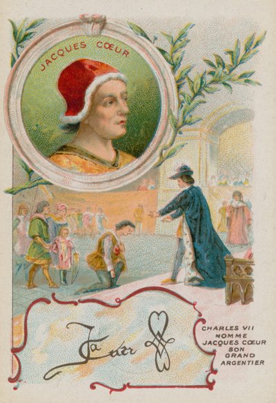 Händler Jacques Coeur wird von König Karl VII. begrüßt von French School