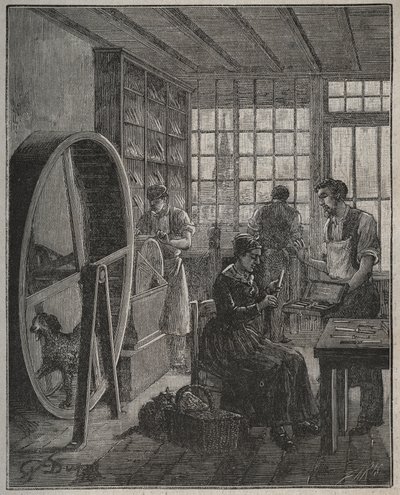 Beruf und Handwerker: Ein Besteckladen in der Provinz im 19. Jahrhundert. Gravur aus 1885 in „Les arts et metiers illustres“ von Adolphe BITARD. von French School