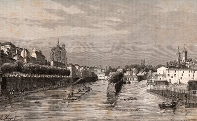 Metz - Blick auf den Hafen Saint-Georges - Moselle - Gravur in „La France illustree: geographie, histoire, administration statistique“ von V.A. Malt-Brown. 1884 von French School