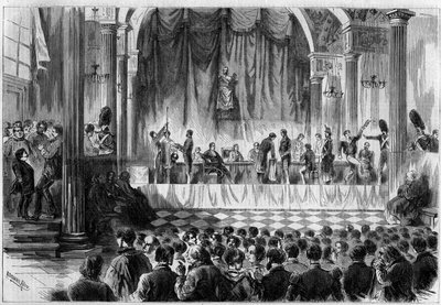 Militärrekrutierung: Auslosung für Wehrpflichtige von 1858 im Saint-Jean-Saal des Hôtel de Ville in Paris. Gravur in „Le Monde Illustré“ Nr. 44 vom 13. Februar 1858. von French School