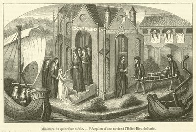 Miniatur aus dem fünfzehnten Jahrhundert, Aufnahme einer Novizin im Hôtel-Dieu von Paris von French School
