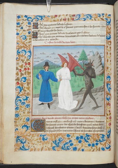 Miniatur eines Mannes mit einem Schutzengel und einem Teufel, Sloane MS 3049 f. 27, ca. 1480 von French School