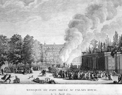 Modell des Papstes verbrannt im Königspalast, 6. April von French School