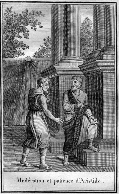 Mäßigung und Geduld des Aristides des Gerechten (altgriechisch Aristeides), ein athenischer Staatsmann, ca. 550 im Demos von Alopece, gestorben 467. In „Schönheiten der alten Geschichte oder denkwürdige Taten und Worte großer Männer“ von French School