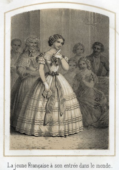 Mondanität: Die junge Französin macht ihren Eintritt in die Welt. Sie wird von allen bewundert. Anonyme Gravur des 19. Jahrhunderts von French School