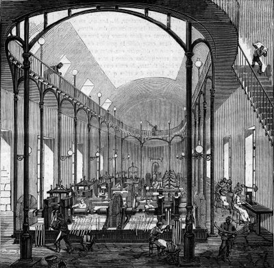Geldherstellung: Walzen und Schneiden. Gravur in „Le Monde Illustré“ Nr. 145 vom 21. Januar 1860. von French School