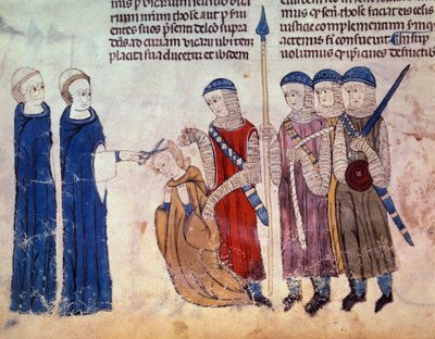 Mönch als Strafe für seine Ausschweifungen geschoren. Miniatur aus dem Manuskript „Bräuche von Toulouse“ (Folio 33V) von French School