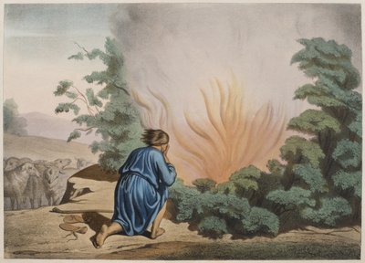 Moses und der brennende Dornbusch, Illustration aus einem Katechismus L