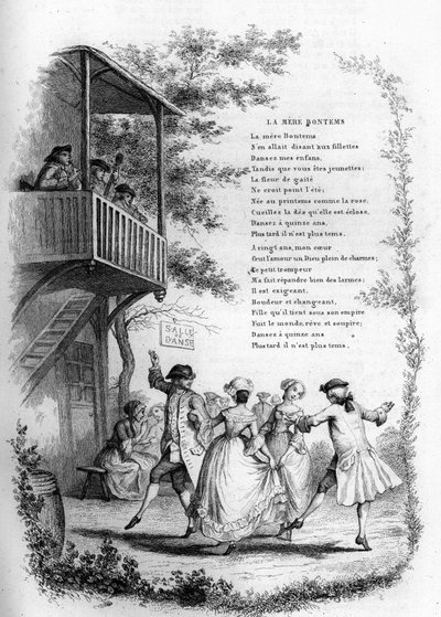 Mutter Bontems (Bontemps). Tanz junger Paare in einem Dorf mit Musikern auf dem Balkon. Gravur in „Chants et chansons populaire de la France“, Band 2 von French School