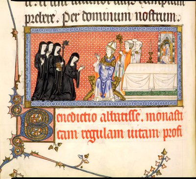 Die Präsentation einer Äbtissin, aus dem Metz Pontifikale, geschrieben für Raymond Bar, Bischof von Metz, 1302-16 von French School