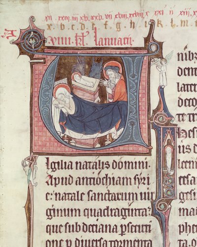 Ms.838 fol.55 Historisierte Initialen U und I, die die Geburt Christi und das Jesuskind darstellen, aus Obituaire de Notre Dame de Pres, nach 1270 von French School