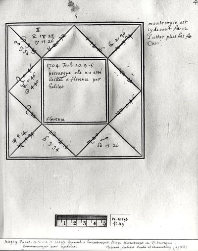 Ms.Fr.12293 fol.49 Horoskop von Petrarca von Galileo, aus einer Sammlung von Horoskopen von Persönlichkeiten des 14. bis 17. Jahrhunderts von French School