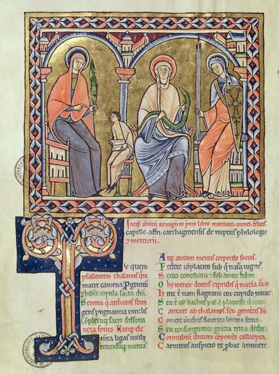 Ms 1041 f.1v Grammatik, Dialekt und Rhetorik aus Satyricon von Martianus Capella, um 1200 von French School