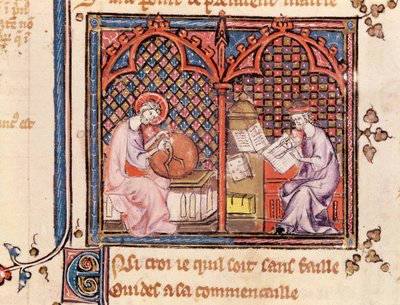 Ms 1044 Fol.16v Das Wort, Schöpfer der Welt und Der Autor schreibt sein Buch, aus Ovide Moralise geschrieben von Chretien Legouais von French School