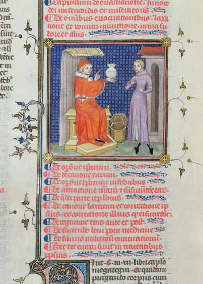 Ein Arzt führt eine Urinanalyse durch, aus einem Manuskript von Rhazes von French School