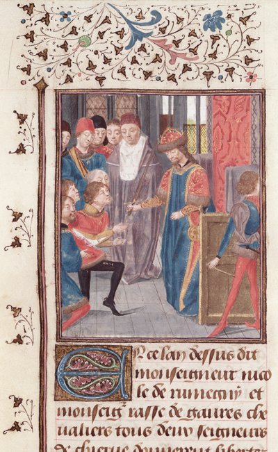 Ms 149 t.3 fol.95v Ernennung von zwei Rittern, aus der Histoire des Nobles Princes de Hainaut, von Jacques de Guise von French School