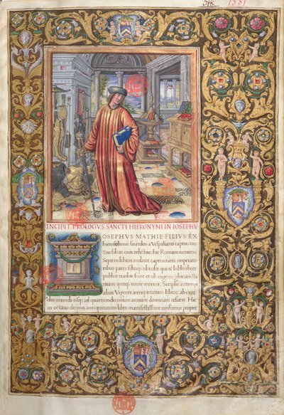 Ms. 1581 f. 001 Flavius Josephus in seinem Arbeitszimmer, Illustration für das Prolog der Antiquitates Judaicae von Flavius Josephus, ca. 1503 von French School