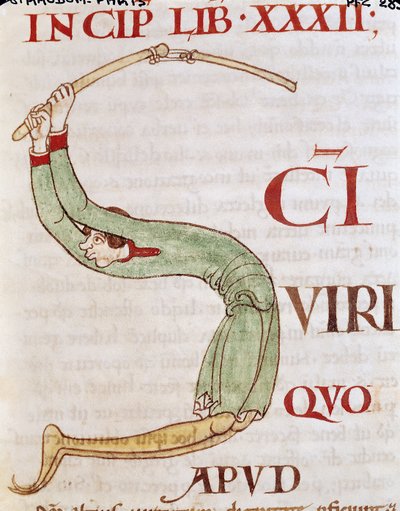 Ms 173 fol.148r Historisierte Initiale S, die einen Mann beim Dreschen zeigt, aus Moralia in Job von Papst Gregor dem Großen von French School