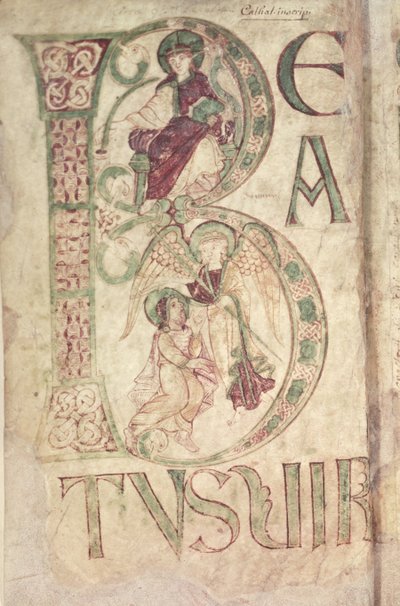 Historiierte Initiale B, die den Evangelisten Johannes und einen Engel zeigt, aus dem Psalter von Corbie von French School