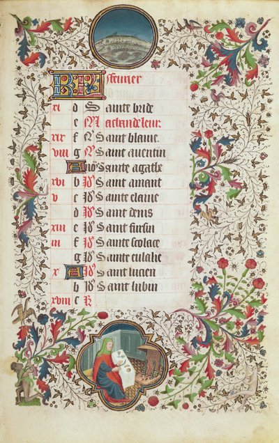 Februar: Fische und ein Mann beim Festmahl, aus einem Stundenbuch, frühes 15. Jahrhundert von French School