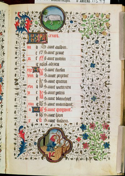 Ms 19 März: Widder und ein Mann, der Bäume fällt, aus einem Stundenbuch, frühes 15. Jahrhundert von French School