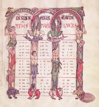 Ms. 1 Kanontafeln der Evangelisten, dekoriert mit fantastischen Tieren, aus dem Evangelium von Saint-Michel-de-Cuxa, ca. 1070-1130 von French School