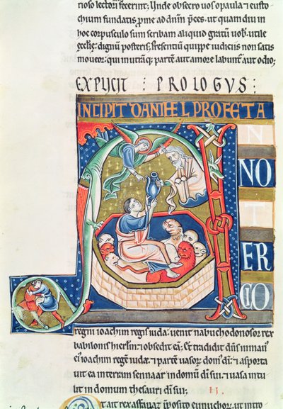 Ms 1 fol.185v Historisierte Initiale A, die Daniel in der Löwengrube darstellt, aus der Souvigny-Bibel von French School