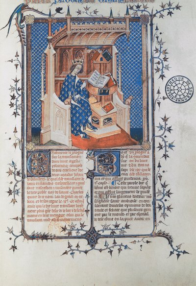 Ms 24287 fol. 2r Karl V., der Weise, König von Frankreich, aus John of Salisbury, Polycraticus, übersetzt von Denis Foulechatis, c.1372 (Pergament) von French School